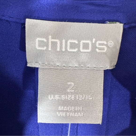 NWT Chicos Ruffle Tie Neck Pullover Blouse Royal Blue Sz  12~14 small flaw - Picture 8 of 11